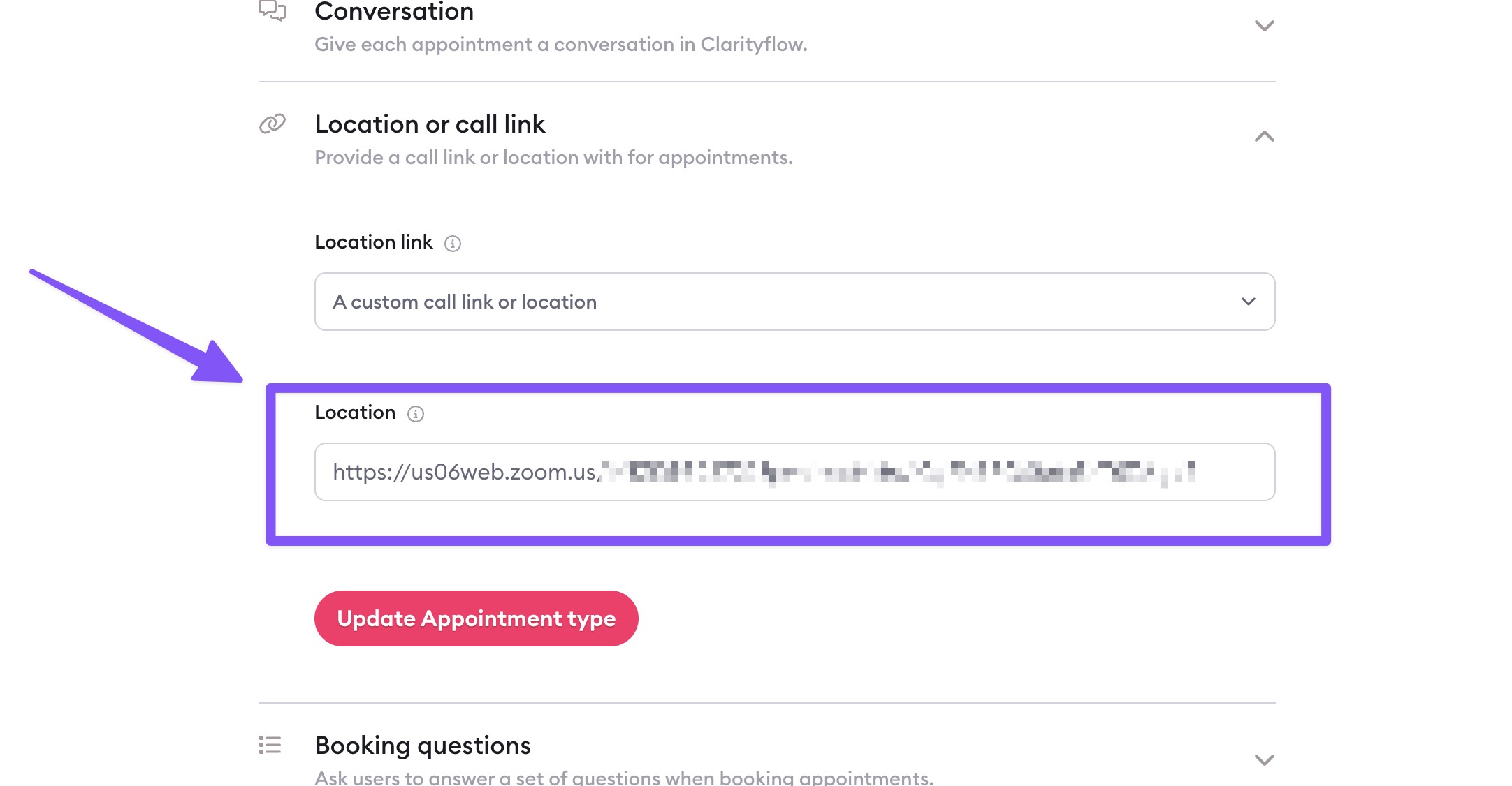 Zoom link on calendar appointments